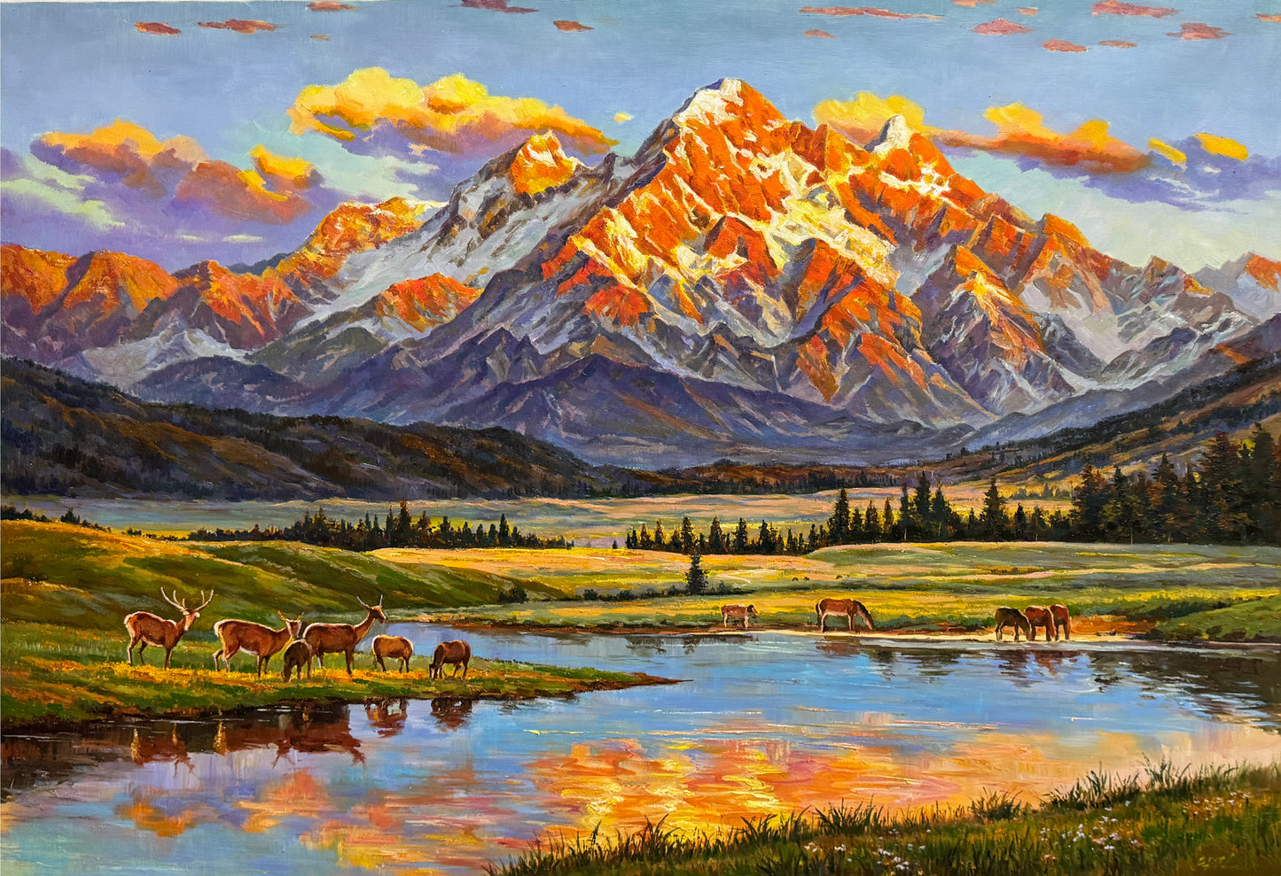 Golden Mountain Landscape Oil Painting by Ryu Deok Jin – Golden Mountains & Clear Waters 20037