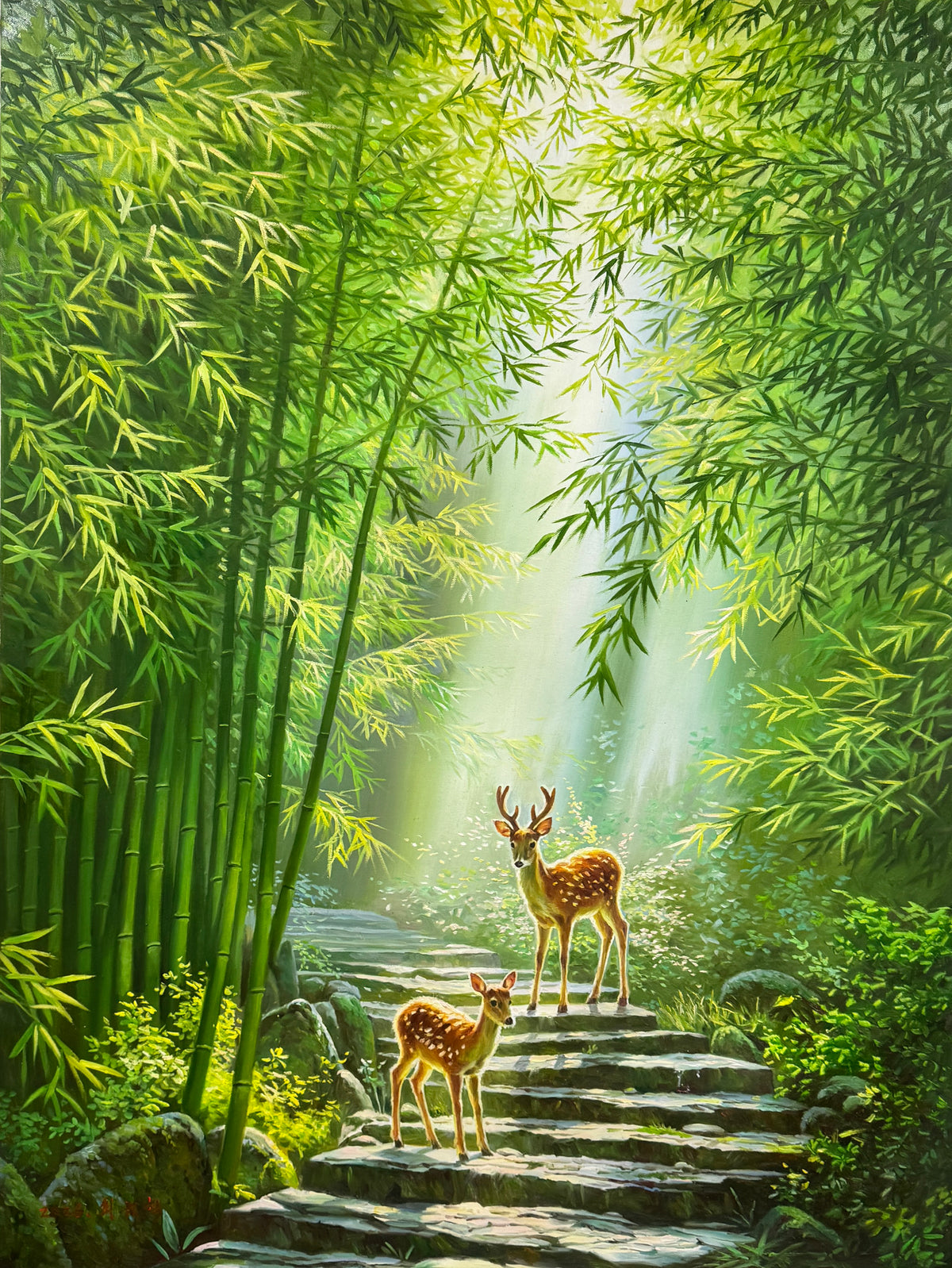 Bamboo Forest Deer Oil Painting by Choi Jin Hyuk – Hand-Painted Landscape Art 20068