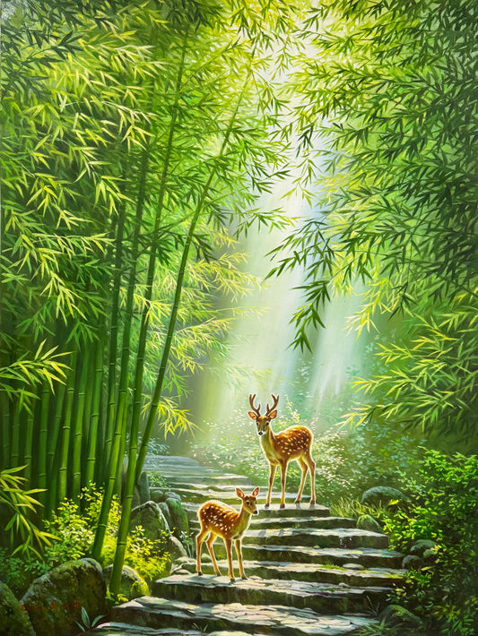 Bamboo Forest Deer Oil Painting by Choi Jin Hyuk – Hand-Painted Landscape Art 20068