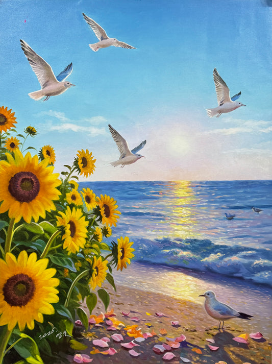 Sunflower Seaside Oil Painting by Huang Yong Il – Hand-Painted Wall Art 20071