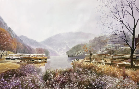 Original Oil Painting "Serene Lakeside Scenery" by Lim Seung Hee (Grade 1 Artist) | 116x75cm Misty Landscape 2033