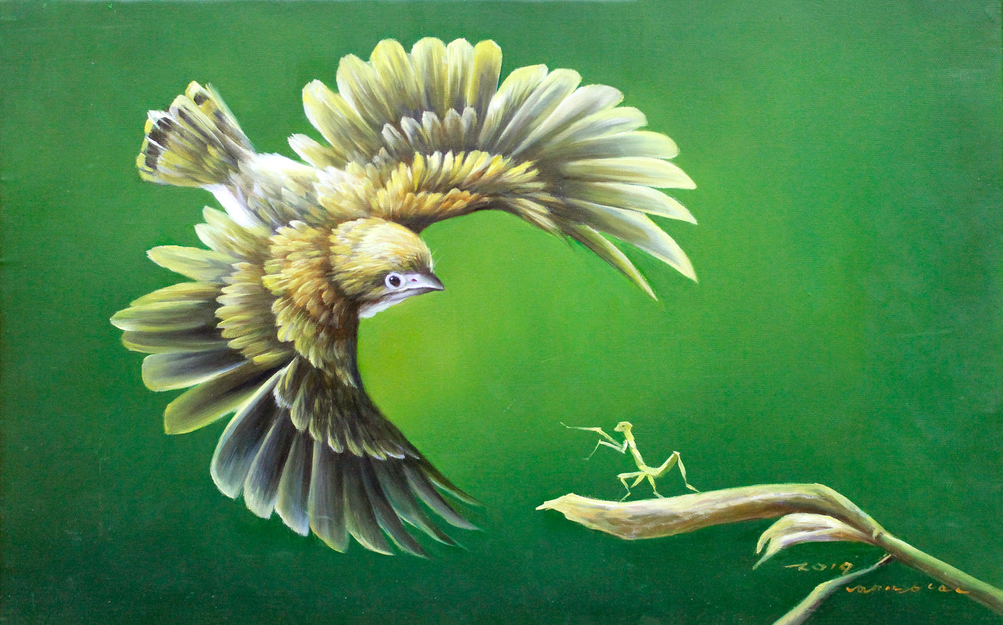 Bird and Mantis Wildlife Oil Painting by Lim Myong Hae X341
