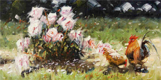 Original Oil Painting "Spring Roses with Rooster" by First-Class Painter Hwang Chul Min – Collectible Hand-Painted Impressionist Still Life Art 4482