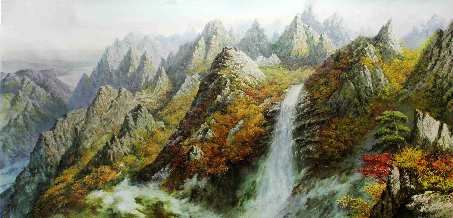Original Oil Painting "Mountain Waterfall" by DPRK First-Class Painter Sung Chol – Collectible Hand-Painted Autumn Landscape Art 5783