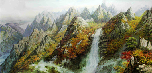 Original Oil Painting "Mountain Waterfall" by DPRK First-Class Painter Sung Chol – Collectible Hand-Painted Autumn Landscape Art 5783