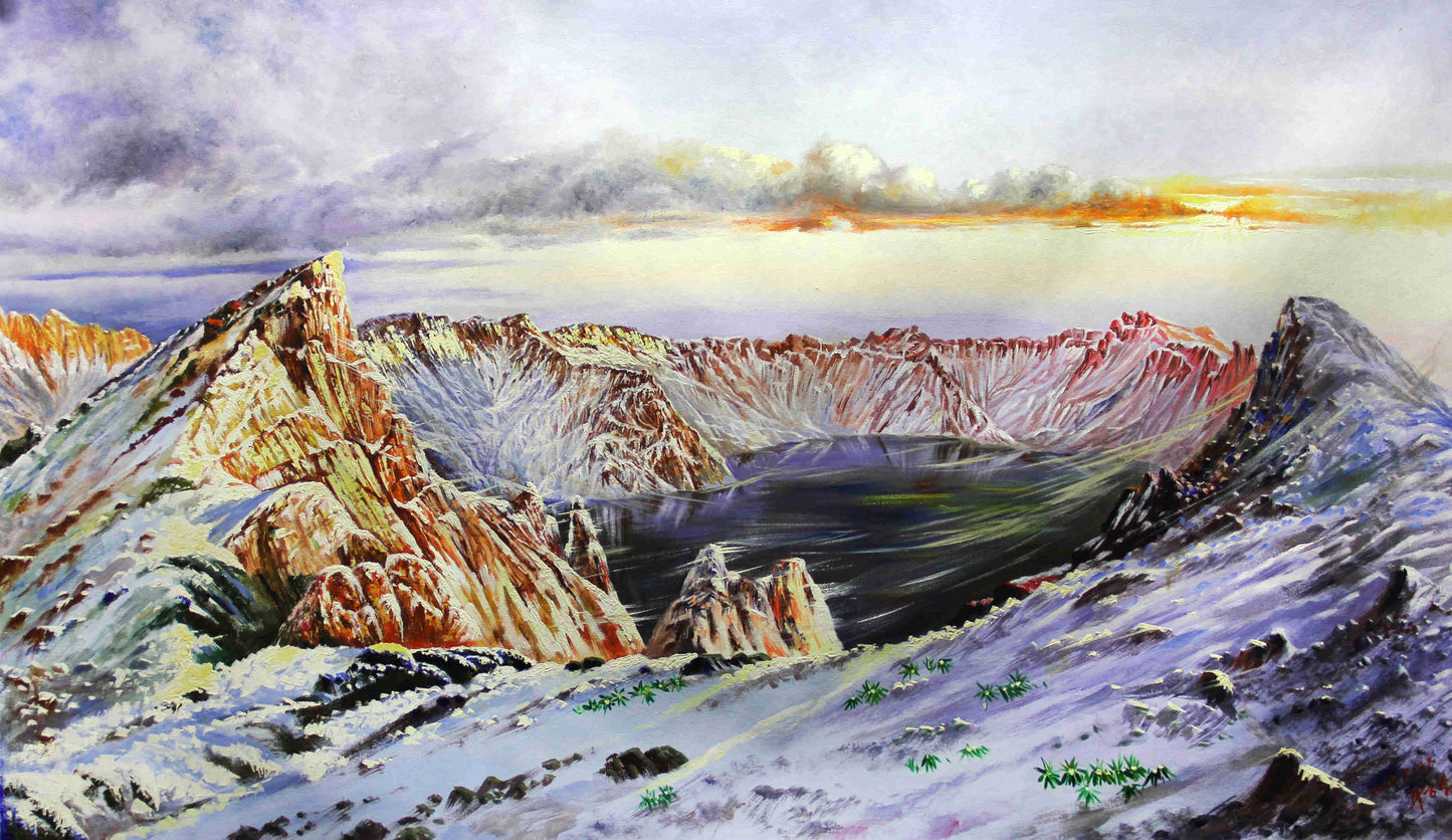 Original Oil Painting "Heaven Lake at Sunrise" by First-Class Painter Ju Seong Il – Collectible Hand-Painted Impressionist Mountain Landscape Art 5790