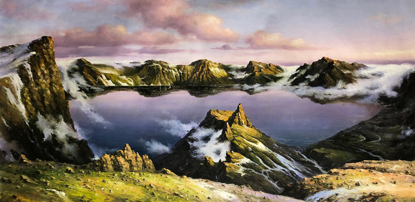 Original Oil Painting "Heaven Lake (Tianchi) at Dawn" by First-Class Painter Lyu Zheng – Collectible Hand-Painted Impressionist Mountain Landscape Art 5797