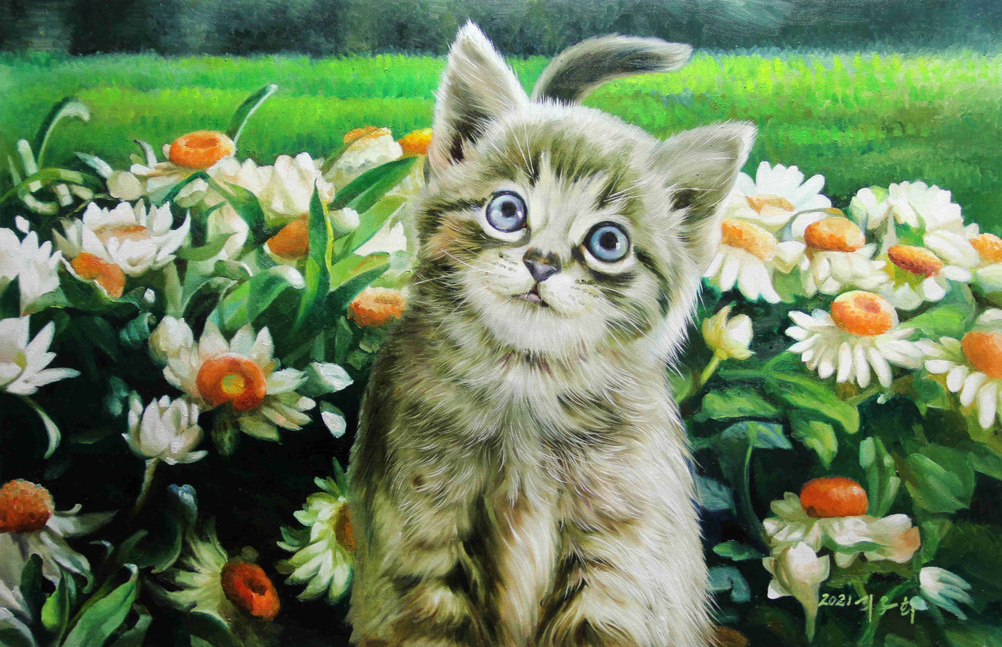 Original Oil Painting "Kitten in Flowers" by First-Class Painter Li Yu Xi – Collectible Hand-Painted Hyper-Realist Cat Art 6569