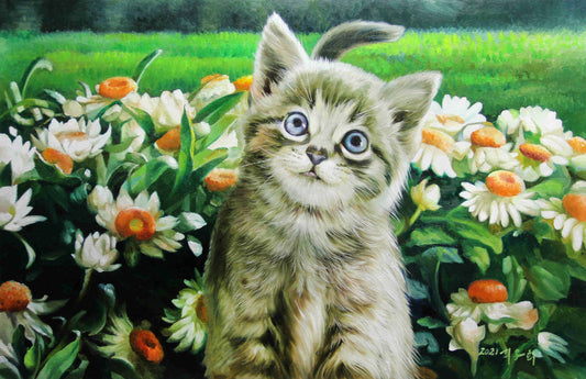 Original Oil Painting "Kitten in Flowers" by First-Class Painter Li Yu Xi – Collectible Hand-Painted Hyper-Realist Cat Art 6569
