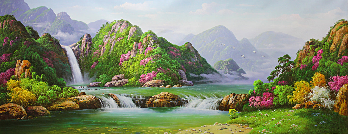 Original Oversized 3-Meter Oil Painting "Picturesque Landscape" by First-Class Painter Wang Guangguo – Collectible Hand-Painted Mountain Landscape Art 6995