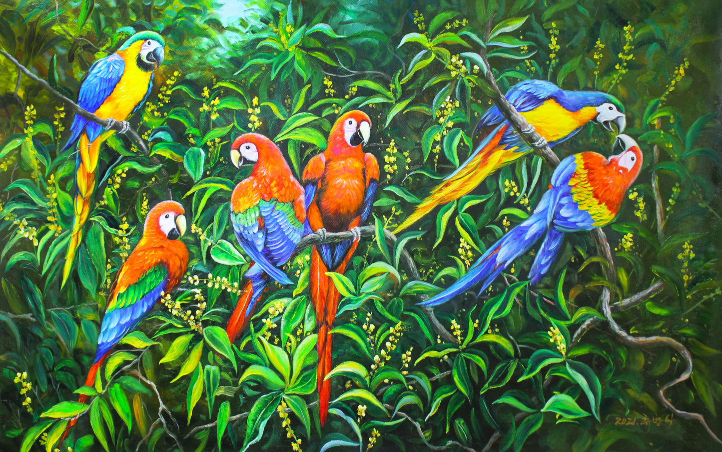 Original Oil Painting "Macaws" by First-Class Painter Liu Fangzhi – Collectible Hand-Painted Wildlife Art 7135