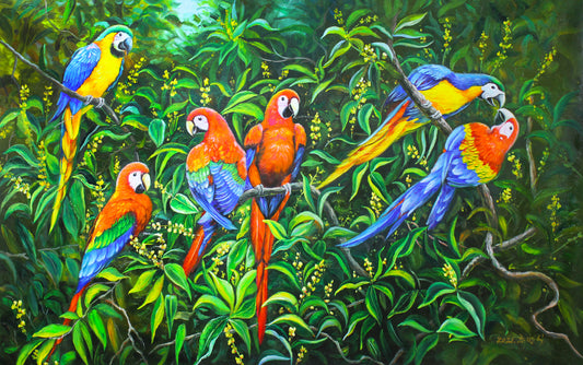 Original Oil Painting "Macaws" by First-Class Painter Liu Fangzhi – Collectible Hand-Painted Wildlife Art 7135