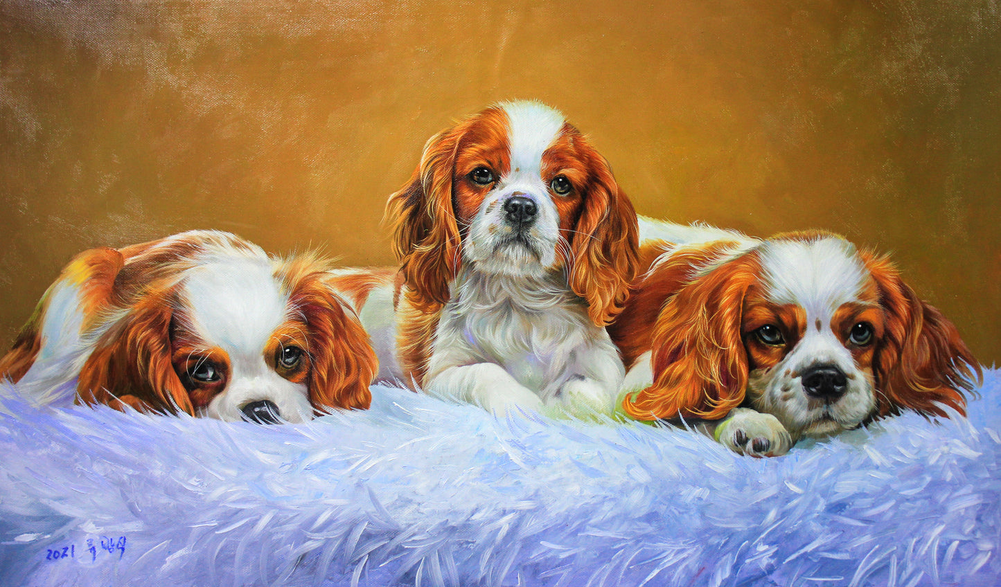 Original Oil Painting "Cute Puppies" by First-Class Painter Liu Fangzhi – Collectible Hand-Painted Pet Art 7240