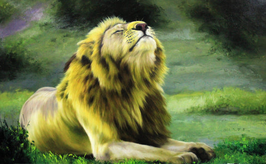 Original Oil Painting "Lion" by Honored Artist Kim Yong Chol – Collectible Hand-Painted Wildlife Art 7340