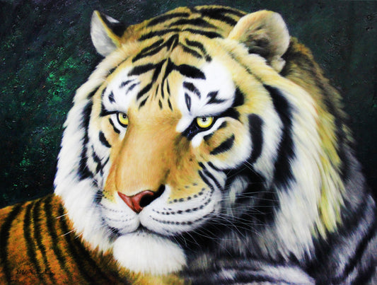 "The Golden Glint of Majesty" - Monumental Original Realism Tiger Portrait Oil Painting by Renowned Master Kim Young Chul | 129x100cm Hand-Painted Imperial Siberian Tiger Canvas 7502