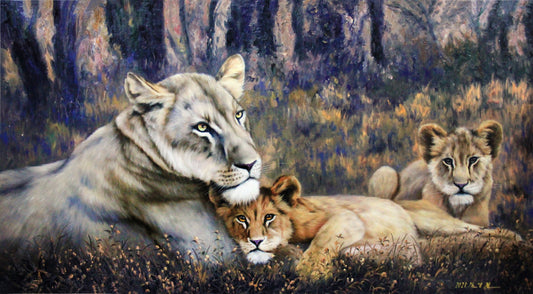 Original Oil Painting "Lion Family" by Honored Artist Kim Yong Chol – Collectible Hand-Painted Wildlife Art 7506