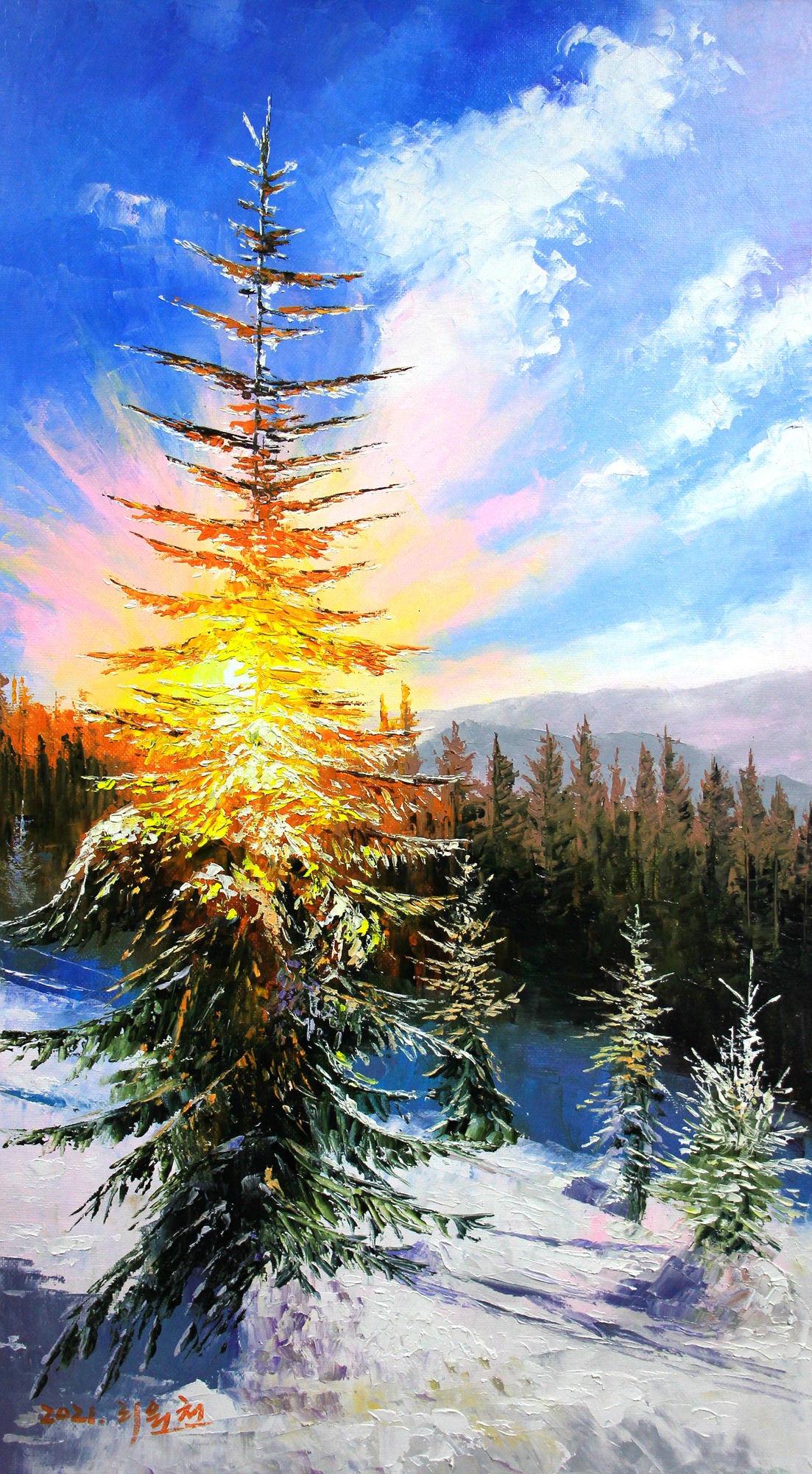 Original Oil Painting "Pine Tree Braving the Snow" by First-Class Painter Li Yuan Tian – Collectible Hand-Painted Winter Landscape Art 7600