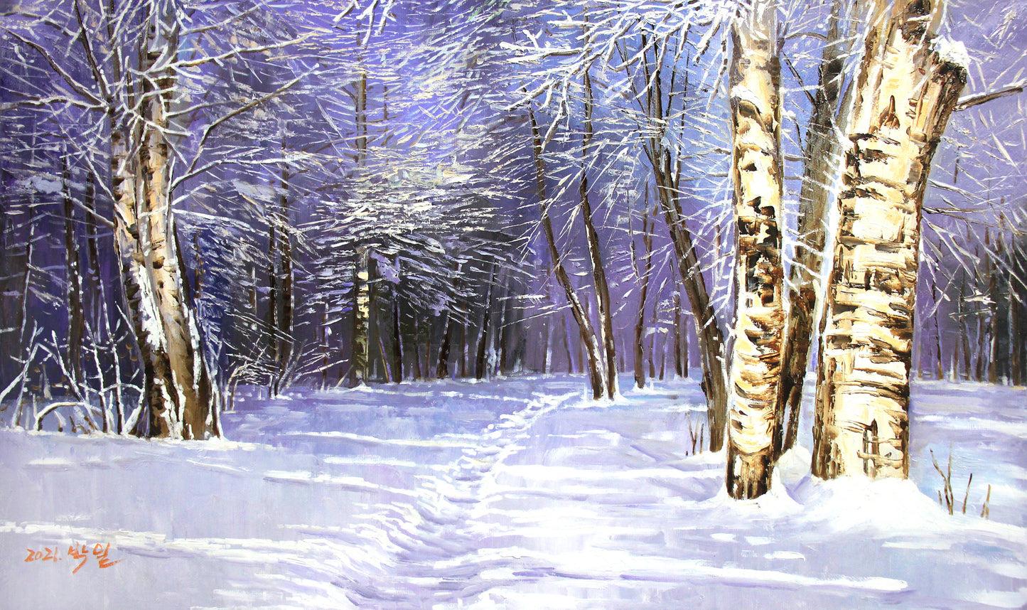 Original Oil Painting "Snowy Birch Grove in Winter" by DPRK First-Class Painter Park Il – Collectible Hand-Painted Winter Landscape Art 7611