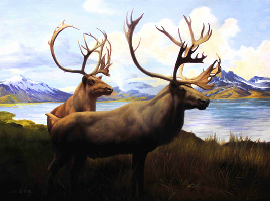 Original Oil Painting "Reindeer by the Lake" by Meritorious Artist Kim Young Chul – Collectible Hand-Painted Realist Wildlife Art 763