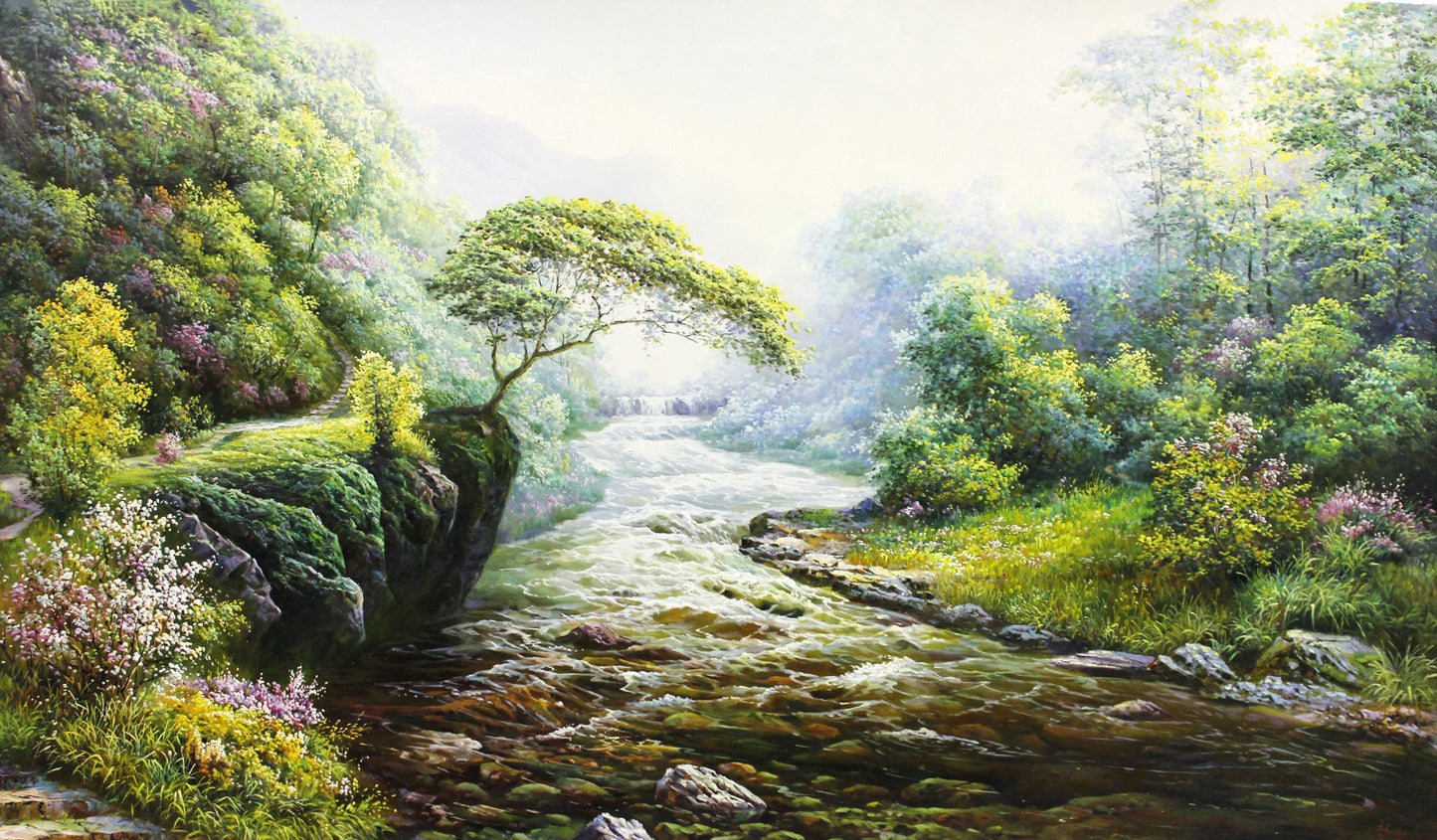 "The Rushing Stream" – Original 1.6M Large-Scale Realistic Landscape Oil Painting by Master Zhe Min 7710