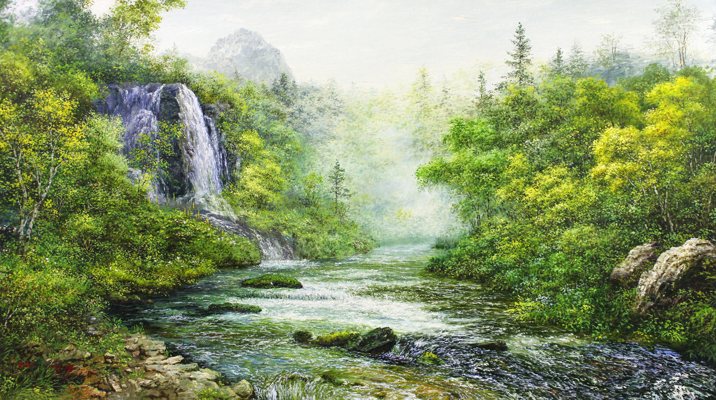 "Azure Peaks and Emerald Waters" – Original Majestic Waterfall Landscape Oil Painting by Master Choe Song 7713