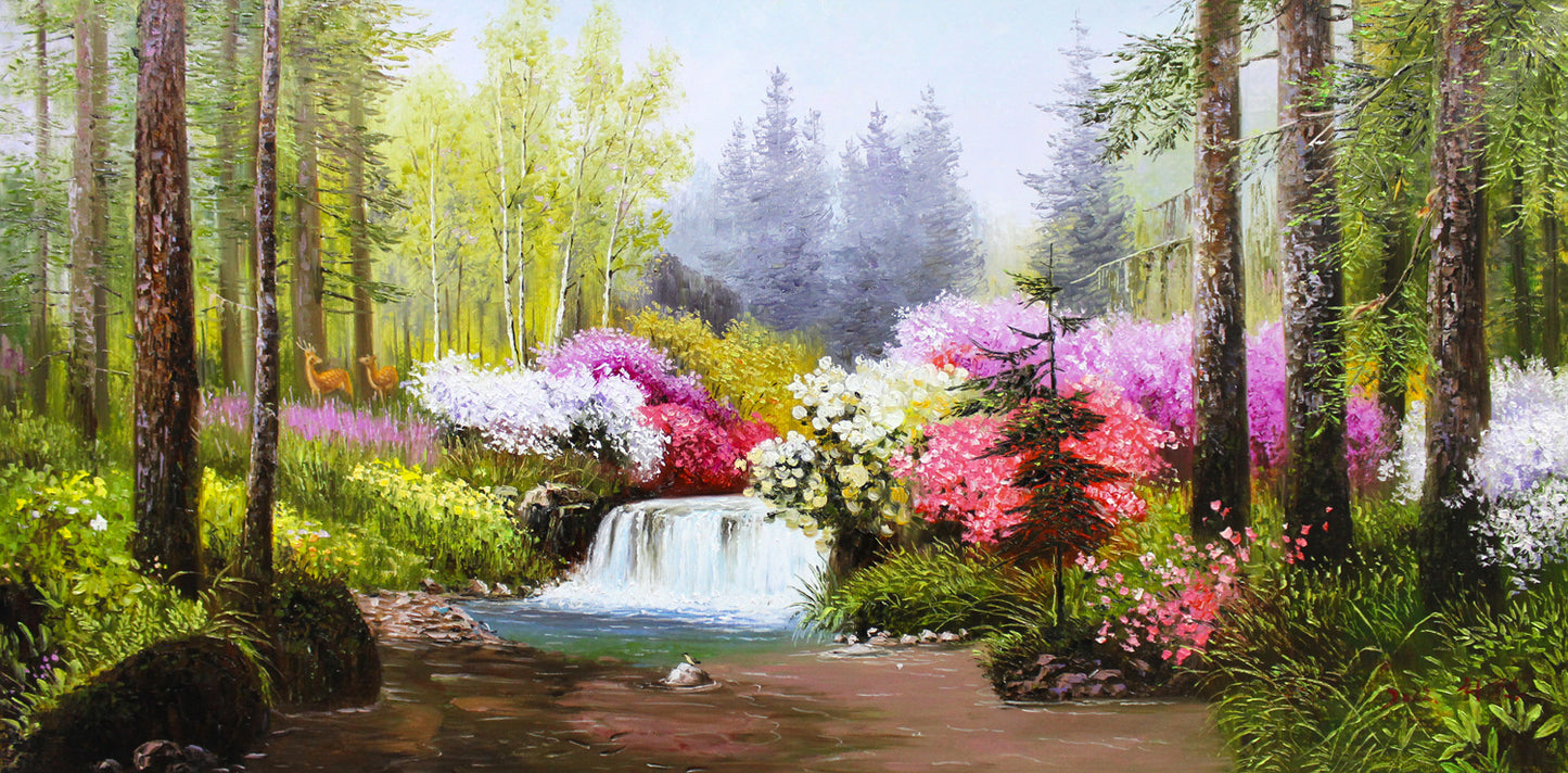 Autumn Waterfall Oil Painting by Ri Hyon | Original Impressionist Forest Landscape Art 8063