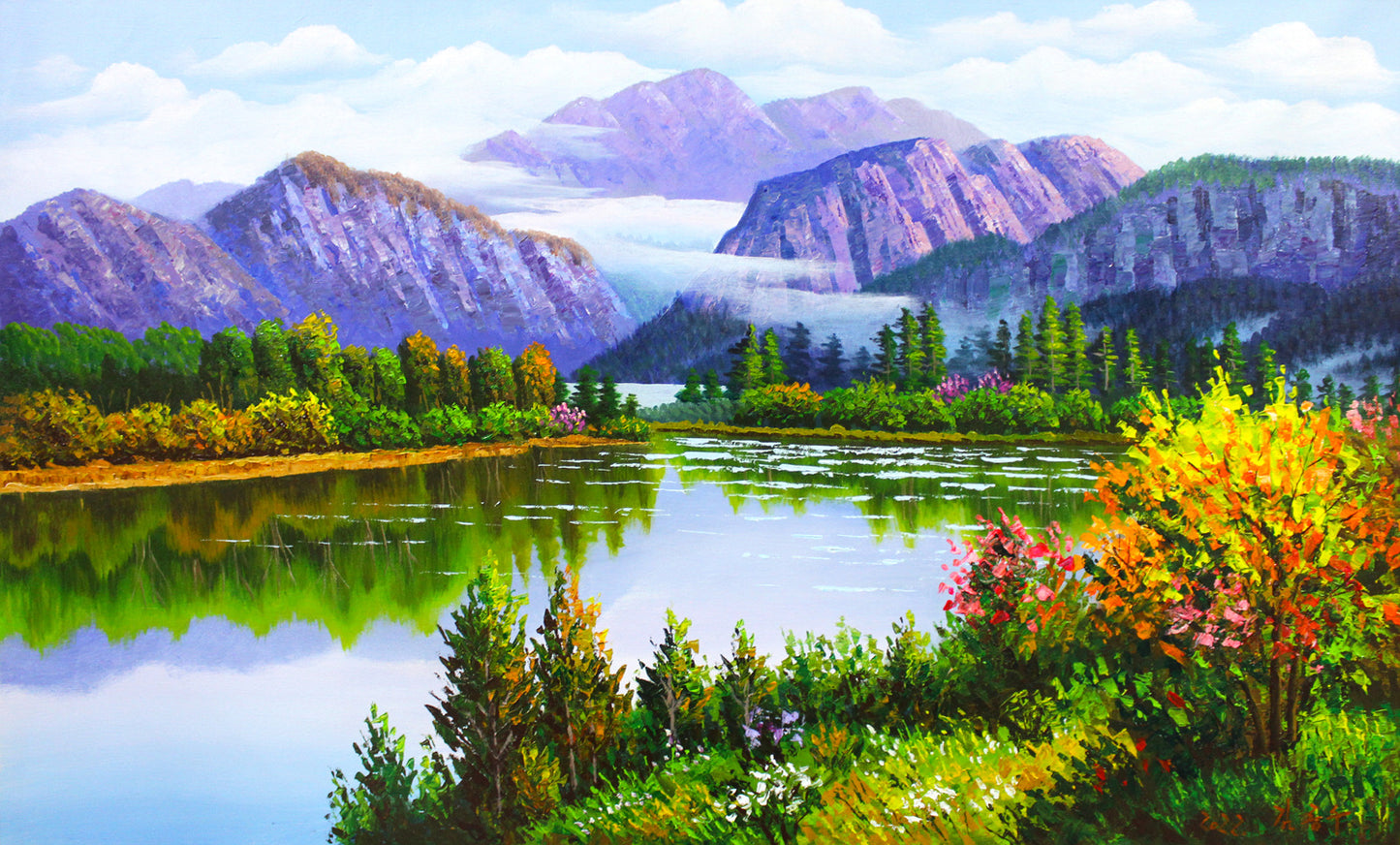 Original Oil Painting "Picturesque Mountains and Clear Waters" by DPRK First-Class Painter Kim Jong Soo – Collectible Hand-Painted Landscape Art 8071