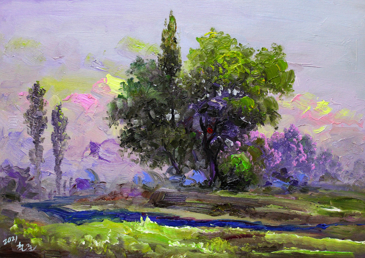 Original Oil Painting – Lush Foliage | Hand-Painted Impressionist Landscape Art by Kim Chol Jun 8149