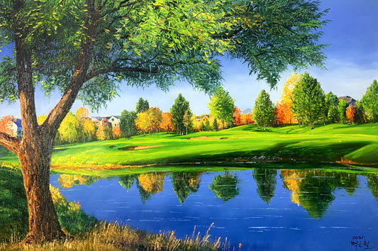 Golf Course Creek Oil Painting by Baek Eun Chul | Original Impressionist Landscape Art 8218