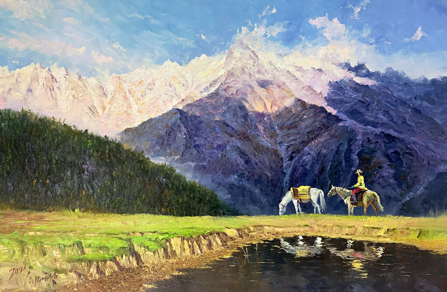 Riding Horse Mountain Oil Painting by Choi Myong Sung | Original Impressionist Landscape Art 8223