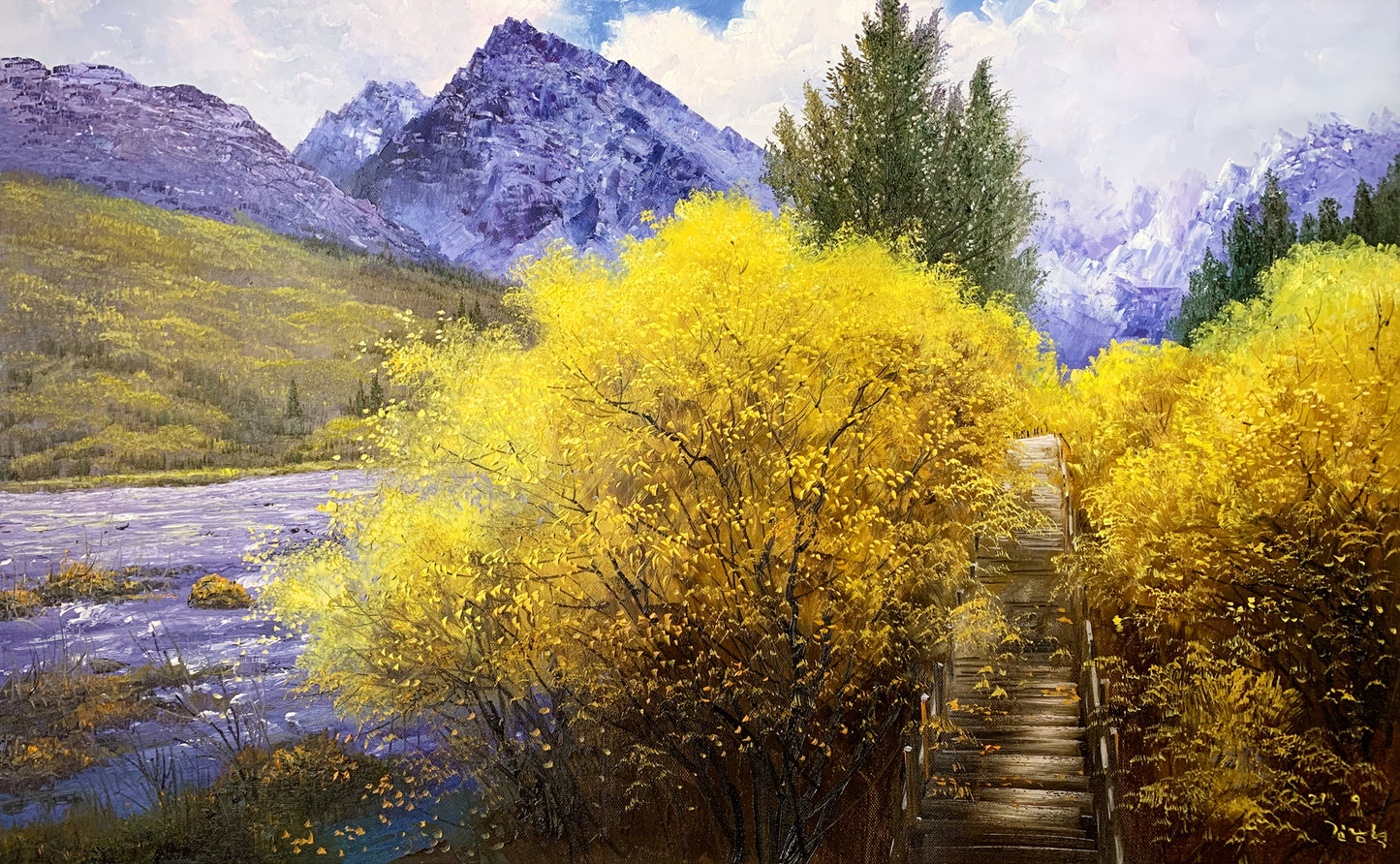 Original Oil Painting "The Path" by DPRK First-Class Painter Kim Nam Hyuk – One-of-a-Kind Hand-Painted Mountain Landscape Art 8233