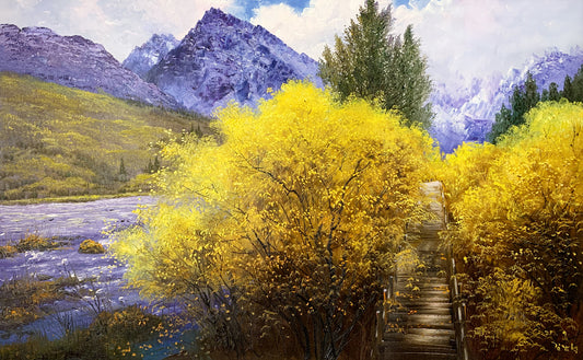 Original Oil Painting "The Path" by DPRK First-Class Painter Kim Nam Hyuk – One-of-a-Kind Hand-Painted Mountain Landscape Art 8233