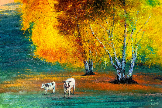 "The Golden Canopy of Abundance" - Original Impasto Birch Forest Autumn Oil Painting by First-Class Artist Chi Un Seong | 90x60cm Hand-Painted Textured Landscape Fine Art Canvas 8238