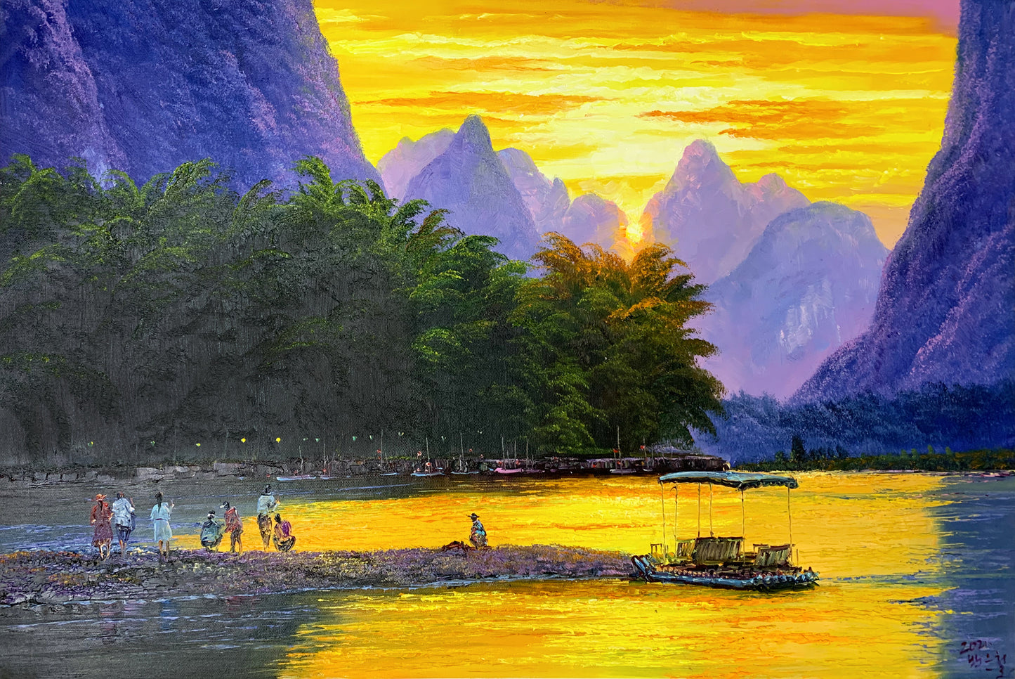 Rising Sun River Mountain Oil Painting by Baek Eun Chul | Original Impressionist Landscape Art 8242