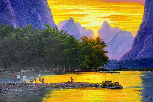 Rising Sun River Mountain Oil Painting by Baek Eun Chul | Original Impressionist Landscape Art 8242