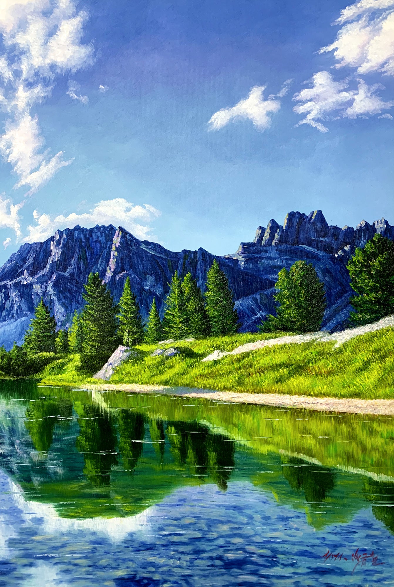 Original Oil Painting – Summer | Hand-Painted Realist Mountain Lake Art by Baek Jin Chul 8265