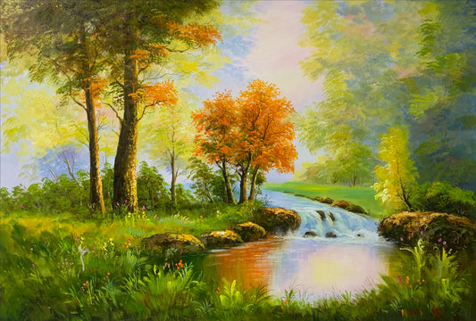 "Abundant Wealth & Glory" – Original Realistic Waterfall Landscape Oil Painting 8292