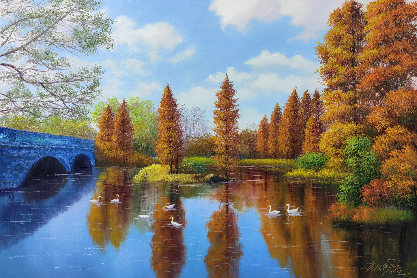 "Swan Lake in Autumn" – Original Realistic Oil Painting by Master Baek Geum Chol 8569