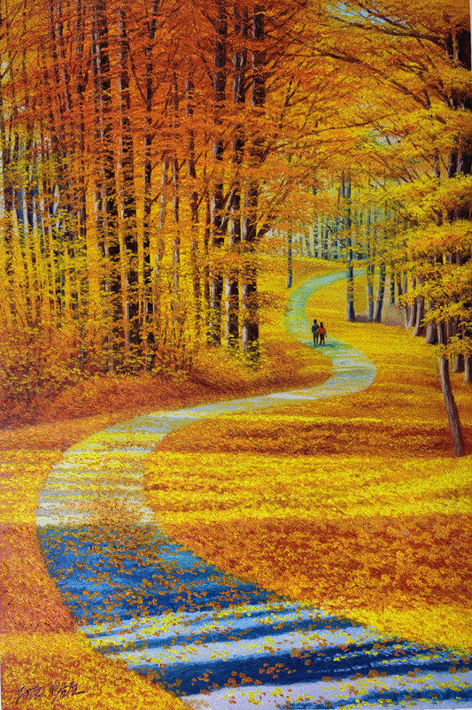 Original Oil Painting – Autumn Red Leaf Forest | Hand-Painted Impressionist Golden Path Landscape Art by Pak Kim Chol 8582