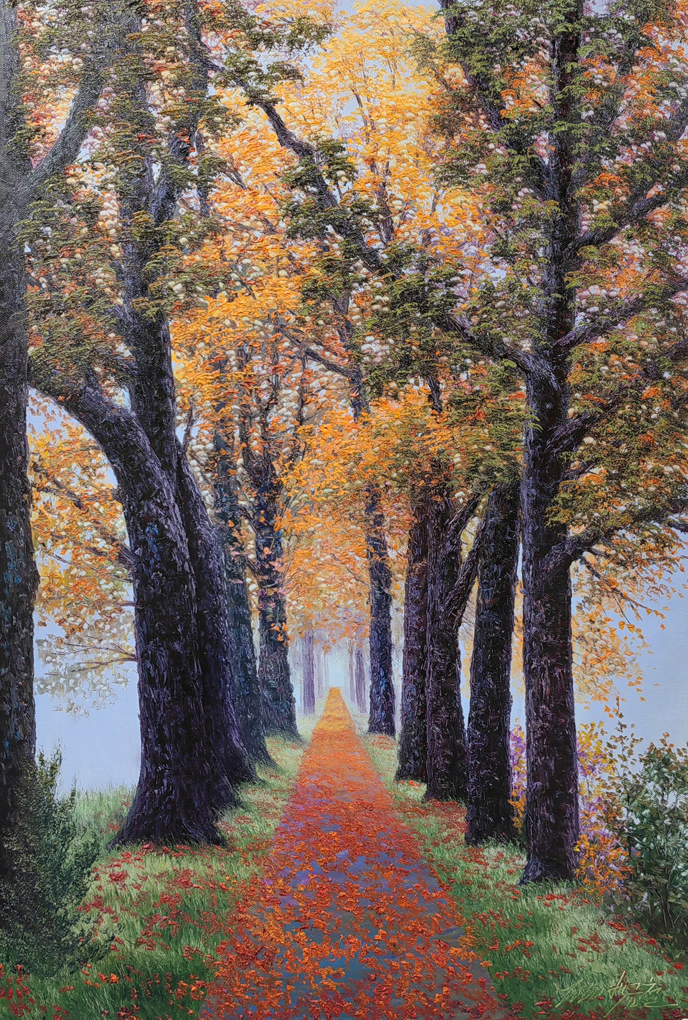 Original Oil Painting – Autumn Tree Lined Path | Hand‑Painted Impressionist Landscape Art by Pak Kim Chol 8585
