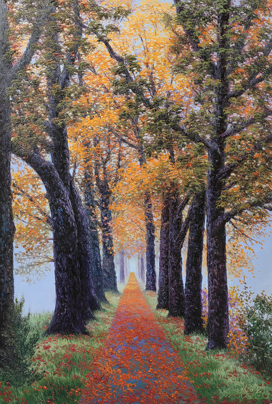 Original Oil Painting – Autumn Tree Lined Path | Hand‑Painted Impressionist Landscape Art by Pak Kim Chol 8585