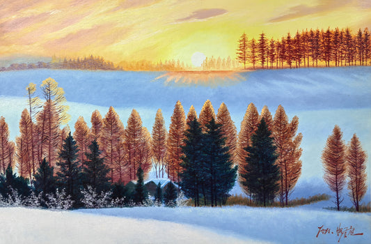 Original Oil Painting "Winter Serenade" by Paek Geum Chol (Grade 1 Artist) | 90x60cm Golden Sunset & Snow Landscape 8590