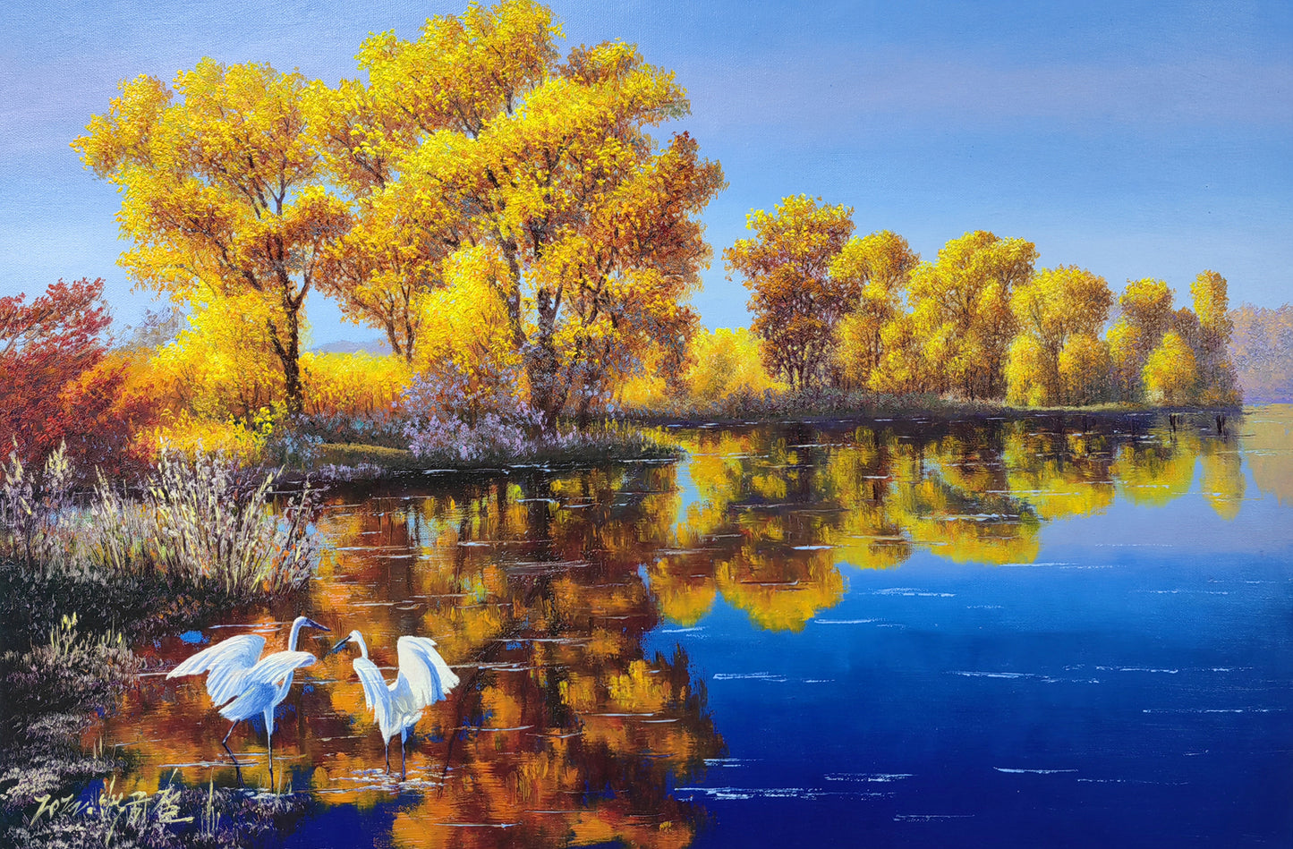 Original Oil Painting – Autumn Lake with Egrets | Hand‑Painted Realist Landscape Art by Pak Kim Chol 8592