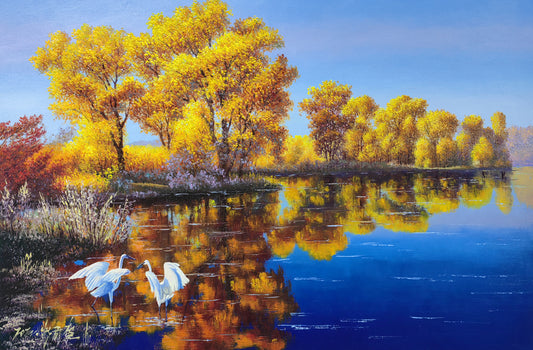Original Oil Painting – Autumn Lake with Egrets | Hand‑Painted Realist Landscape Art by Pak Kim Chol 8592