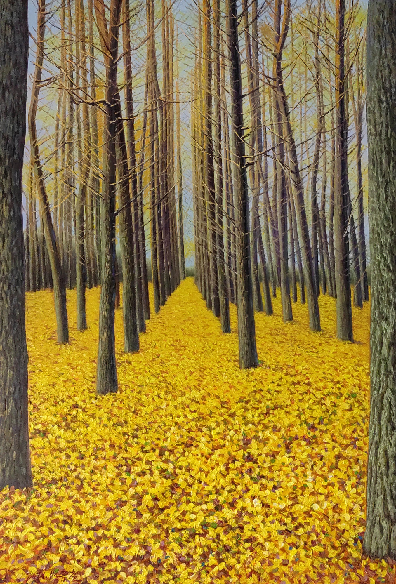 Original Oil Painting – Golden Avenue | Hand‑Painted Realist Autumn Forest Landscape Art by Pak Kim Chol 8601