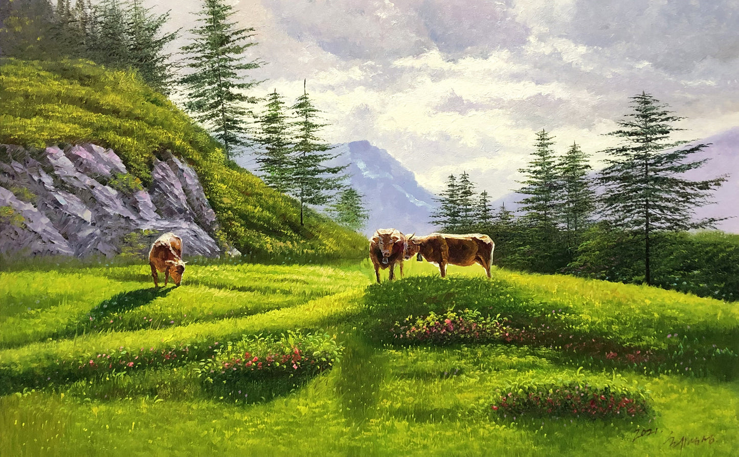 "Mountain Pasture Grace" – Original Realistic Oil Painting of Cattle Grazing by Master Artist Choe Myong Song 8873