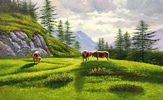 "Mountain Pasture Grace" – Original Realistic Oil Painting of Cattle Grazing by Master Artist Choe Myong Song 8873