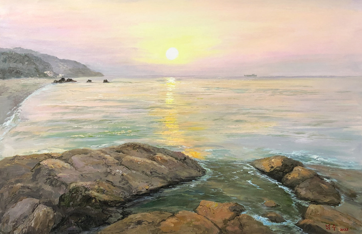 "The Rising Glory" – Original Realistic Ocean Sunrise Oil Painting by Master Nam Su 9048