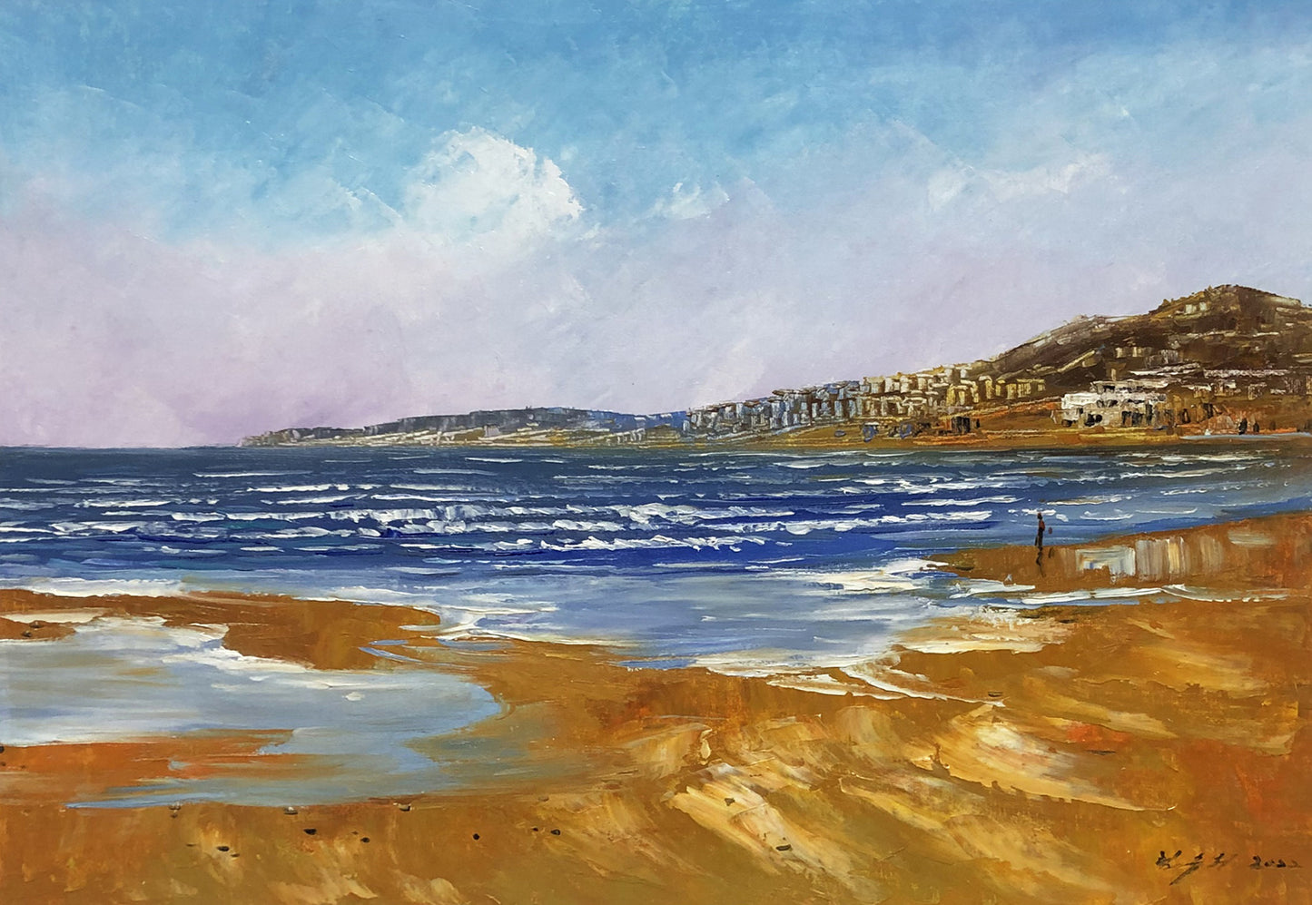 Coastal Town Oil Painting by Lim Seung Hee | Original Seaside Landscape Art 9116