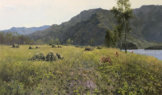 Grazing Cattle Oil Painting by Sung Hyok | Original Rural Mountain Landscape Art 9205